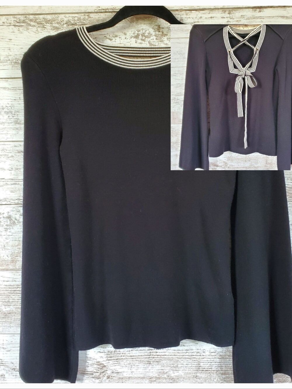 Olivia Warren Bell Sleeve Lace Up Tie Back Rib Knit Crew Neck Sweater Black